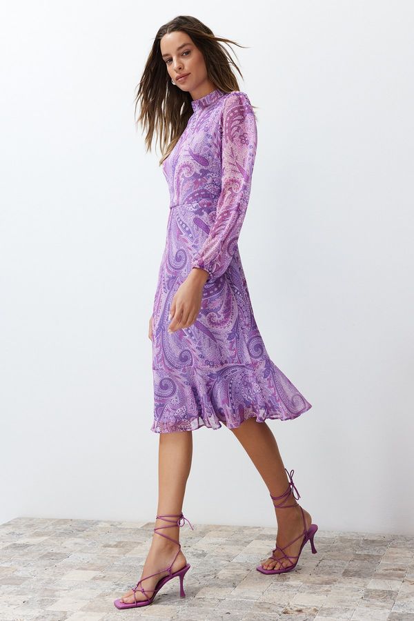 Trendyol Trendyol Lilac Shawl Patterned Chiffon Lined Flounce Midi Woven Dress