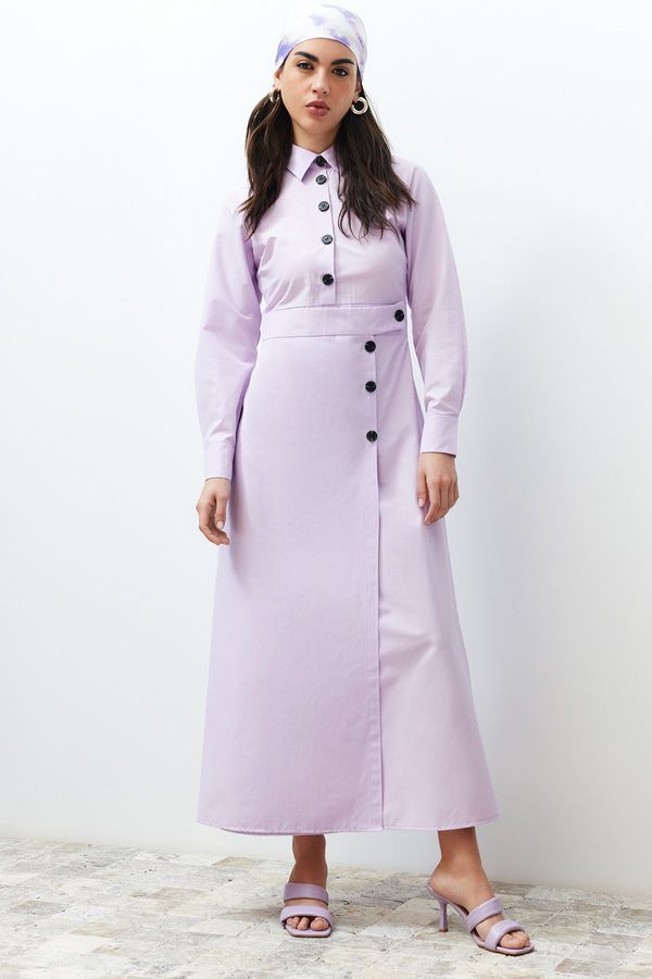 Trendyol Trendyol Lilac Shirt Collar Button Detailed Plain Woven Dress