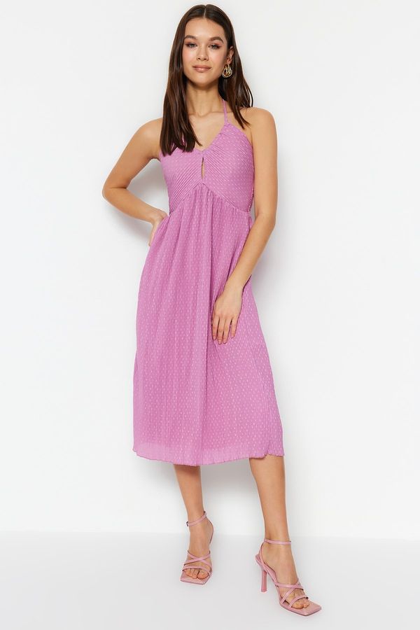 Trendyol Trendyol Lilac Straight Cut Midi Woven Lined Pleated Fabric Featured Woven Dress