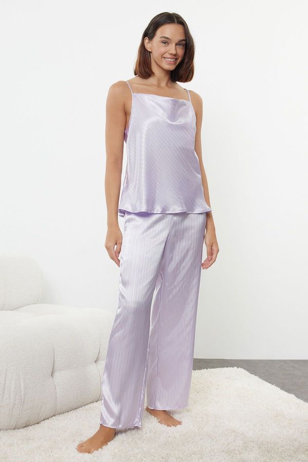 Trendyol Trendyol Lilac Striped Back Tie Detail Cowl Neck Rope Strap Satin Woven Pajama Set