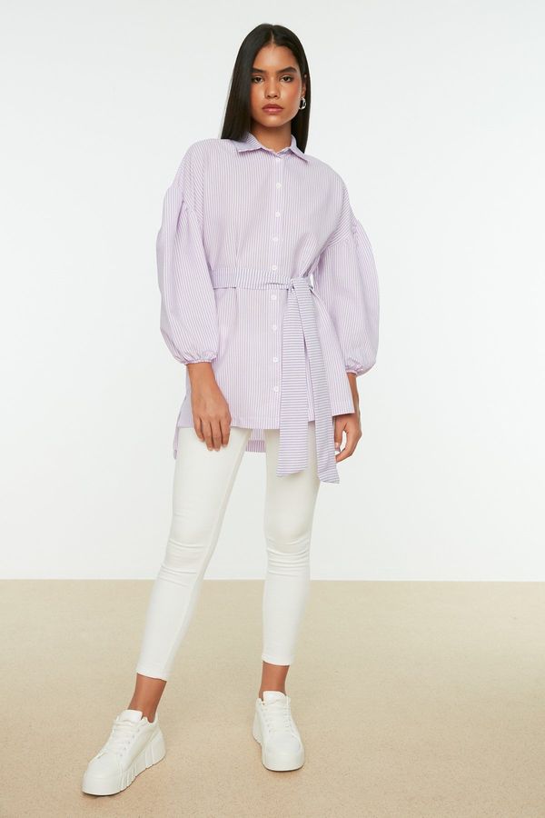 Trendyol Trendyol Lilac Striped Belted Balloon Back Sleeve Long Woven Shirt