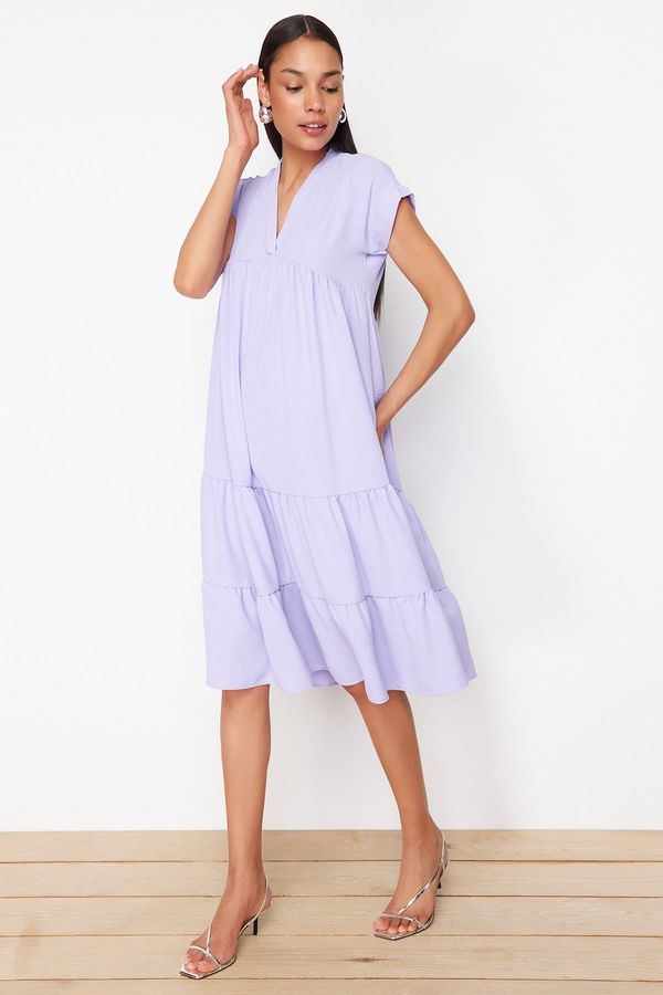 Trendyol Trendyol Lilac Wide Cut V-Neck Skirt Asymmetric Flounce Aerobin Woven Dress