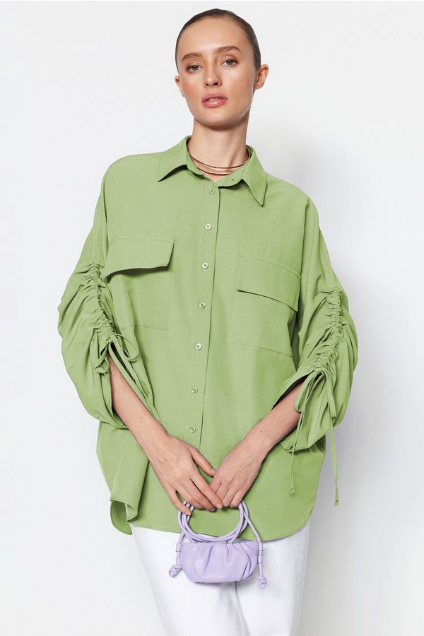 Trendyol Trendyol Lime Sleeves with Adjustable Gathering Detail Woven Cotton Shirt