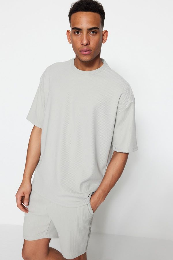 Trendyol Trendyol Limited Edition Basic Gray Oversize/Wide Fit Textured Anti-Wrinkle Ottoman T-Shirt