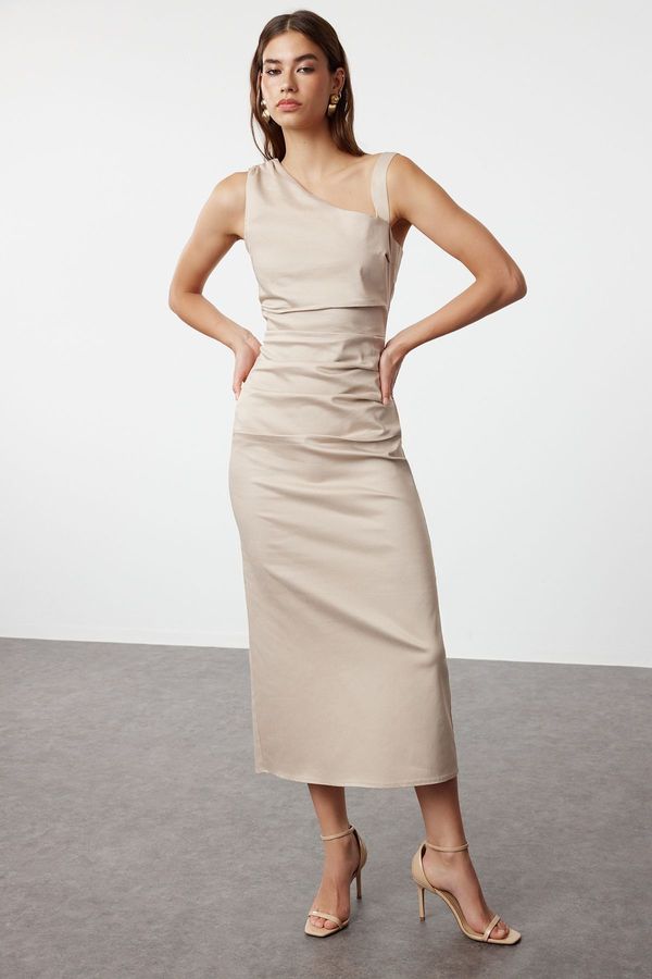 Trendyol Trendyol Limited Edition Beige Fitted Midi Woven Dress with Asymmetric Collar Detail