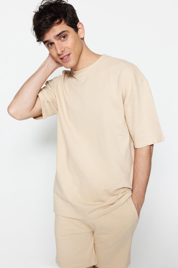 Trendyol Trendyol Limited Edition Beige Oversize 100% Cotton Labeled Textured Basic Thick T-Shirt