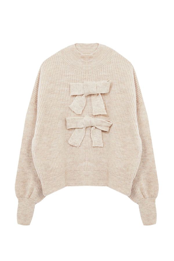 Trendyol Trendyol Limited Edition Beige Soft Textured Rose and Bow Detailed Knitwear Sweater