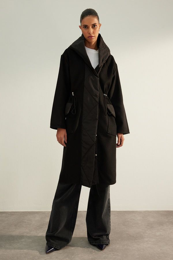 Trendyol Trendyol Limited Edition Black Hooded Oversize Wide Cut Wool Stamp Coat
