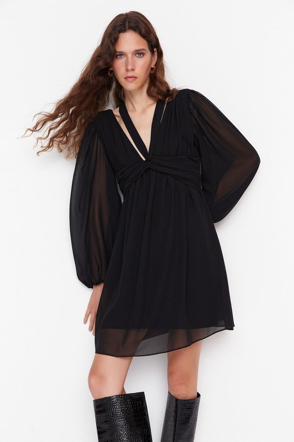 Trendyol Trendyol Limited Edition Black Mini Woven Collar Striped Chiffon Woven Dress