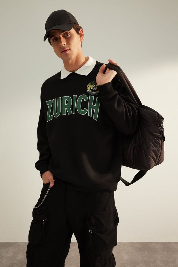 Trendyol Trendyol Limited Edition Black Oversize/Wide Cut Printed Fleece Inside/Warm Sweatshirt