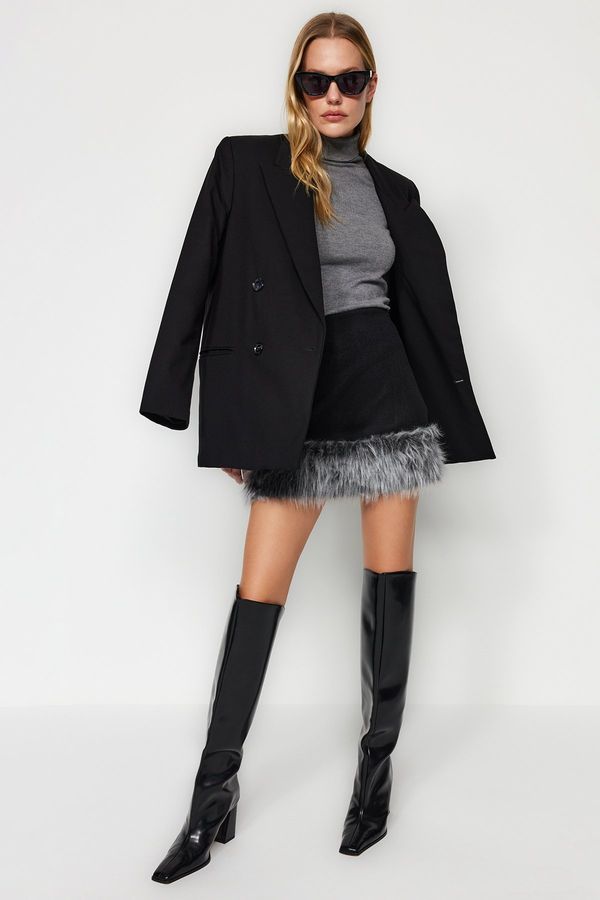 Trendyol Trendyol Limited Edition Black Plush Detailed Super Mini Woven Skirt