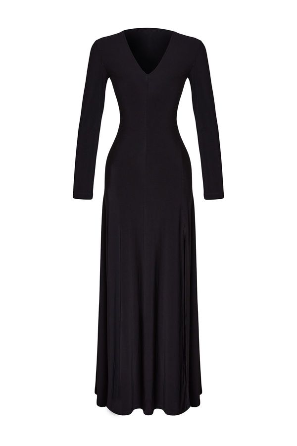 Trendyol Trendyol Limited Edition Black V-Neck Skater/Waist Opening Stretchy Maxi Knitted Dress