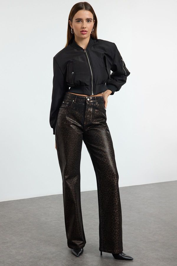 Trendyol Trendyol Limited Edition Brown Leopard Foil Printed High Waist Wide Leg Jeans