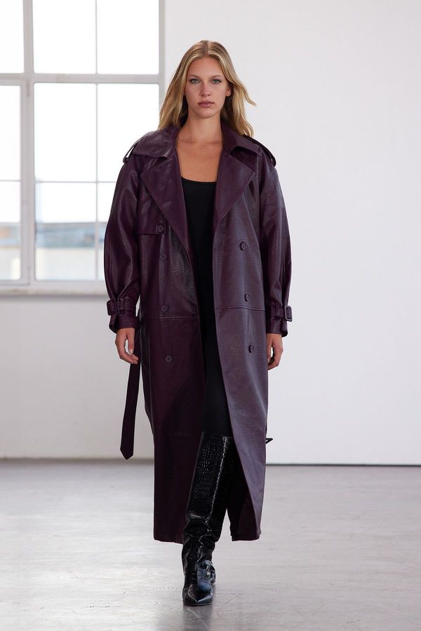 Trendyol Trendyol Limited Edition Burgundy Belted Oversize Faux Leather Trench Coat