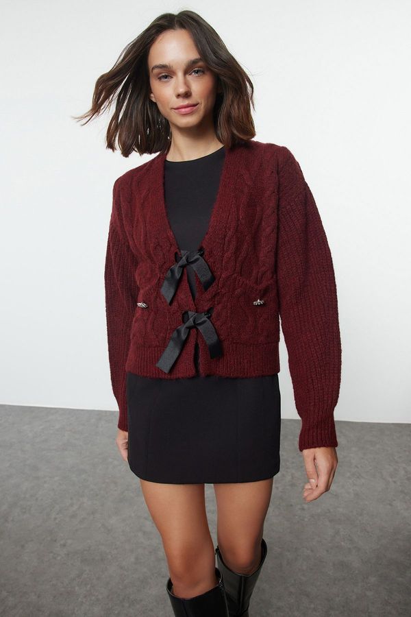 Trendyol Trendyol Limited Edition Claret Red Soft Textured Ribbon/Bow Detailed Hair Knit Sweater