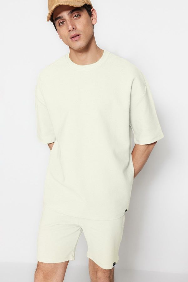 Trendyol Trendyol Limited Edition Ecru Oversize 100% Cotton Labeled Textured Basic Thick T-Shirt