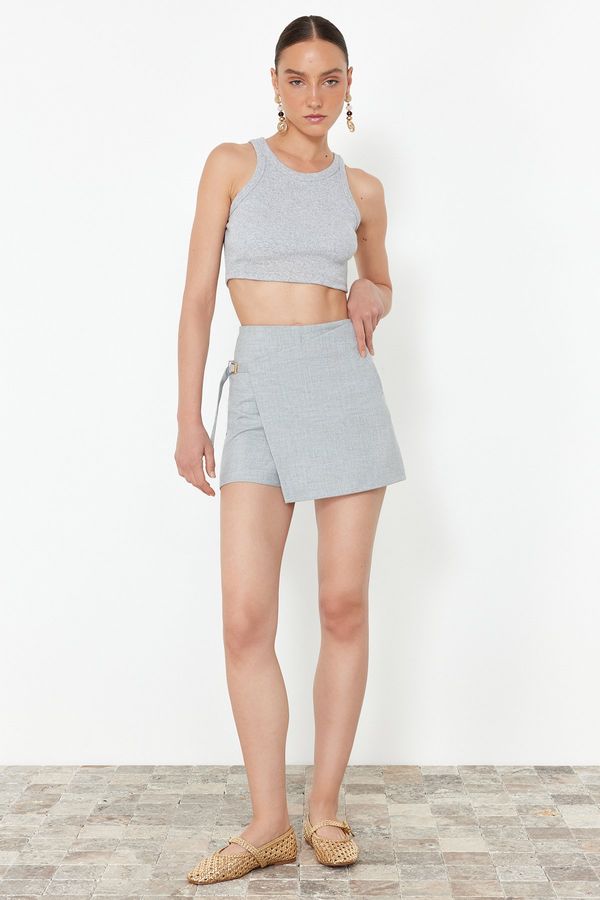 Trendyol Trendyol Limited Edition Gray Double Breasted Buckle Detailed Woven Short Skirt