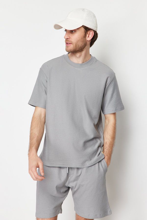 Trendyol Trendyol Limited Edition Gray Oversize 100% Cotton Labeled Textured Basic Thick T-Shirt