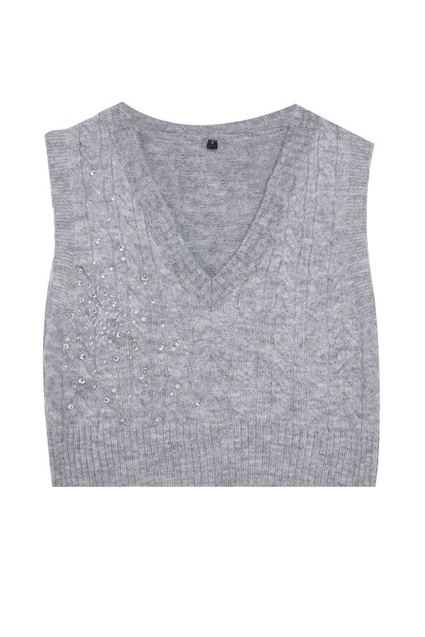 Trendyol Trendyol Limited Edition Gray Soft Textured Pearl Detailed Knitwear Sweater