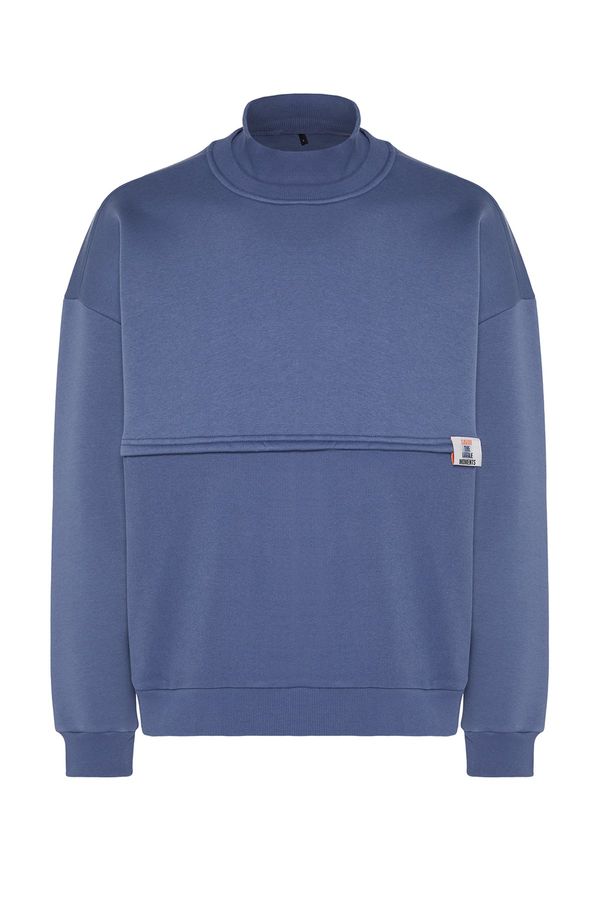 Trendyol Trendyol Limited Edition Indigo Oversize/Wide Cut Labeled Fleece Thick Sweatshirt