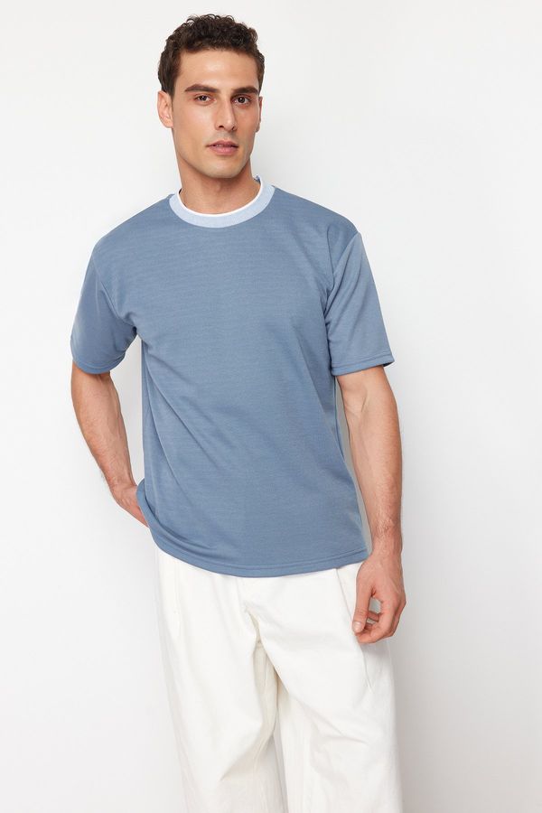 Trendyol Trendyol Limited Edition Indigo Relaxed/Comfortable Cut Knitwear Taped Textured Pique T-Shirt