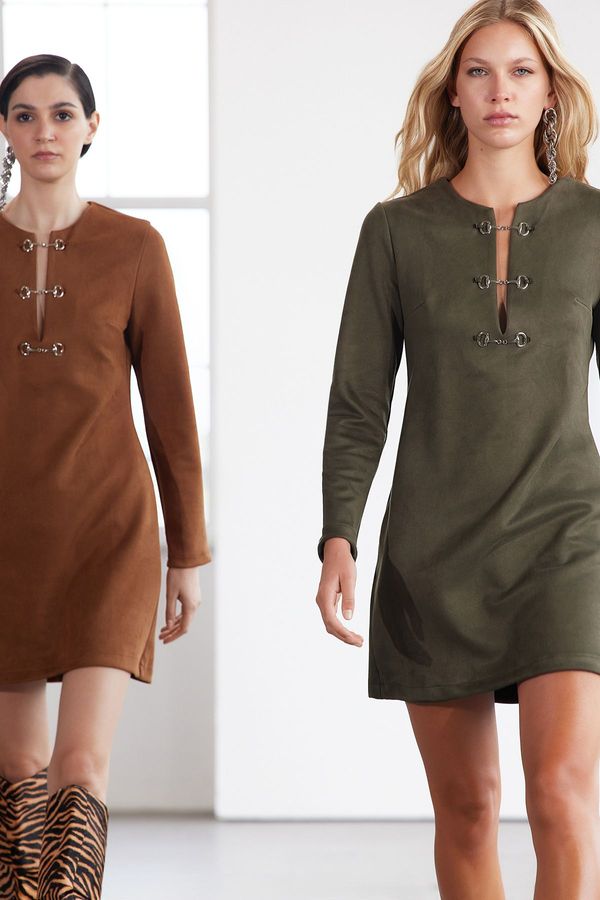 Trendyol Trendyol Limited Edition Khaki Accessory Detailed Suede Mini Winter Woven Dress