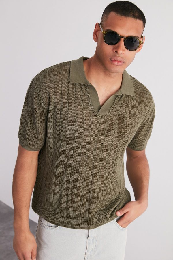 Trendyol Trendyol Limited Edition Khaki Relaxed Cotton Short Sleeve Polo Neck Knit T-shirt