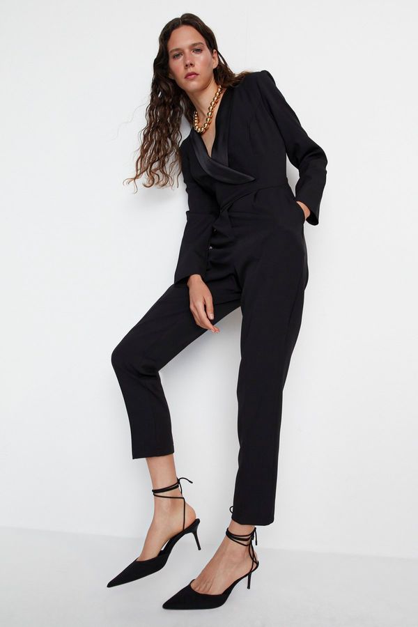 Trendyol Trendyol Limited Edition Long Black Satin Collar Detailed Woven Jumpsuit