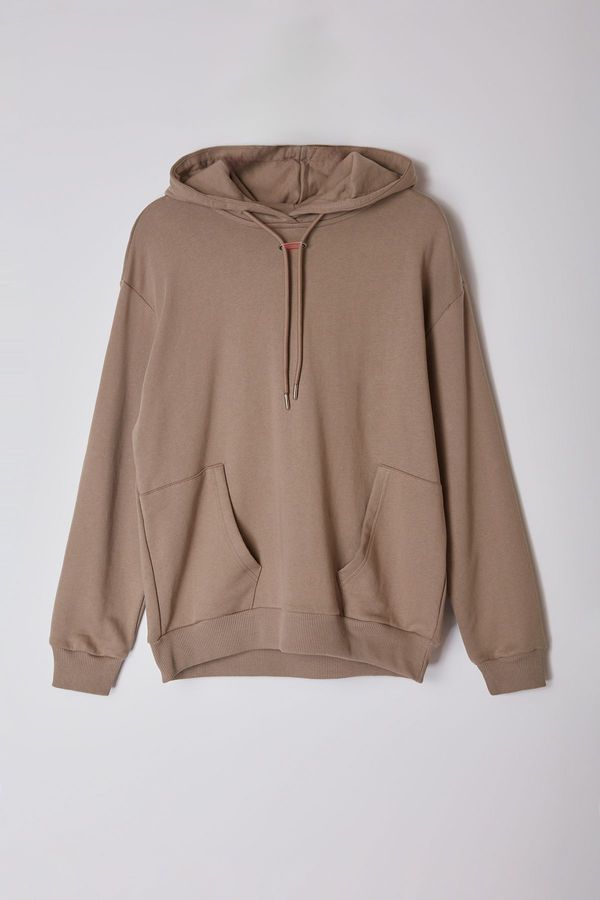 Trendyol Trendyol Limited Edition Mink Oversize/Wide Cut Hooded Pocket Detailed Sweatshirt