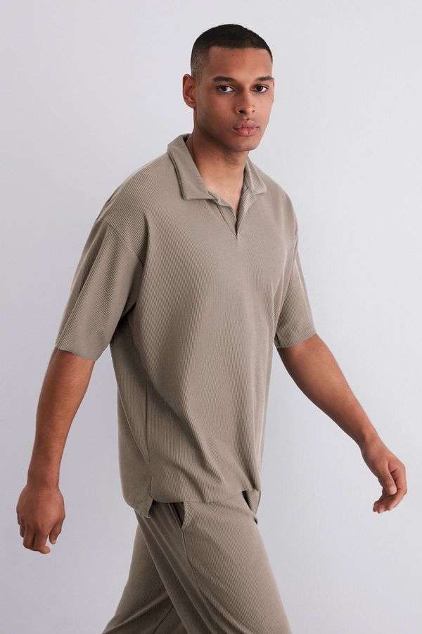 Trendyol Trendyol Limited Edition Mink Oversize/Wide Textured Wrinkle-Free Ottoman Polo Collar T-Shirt