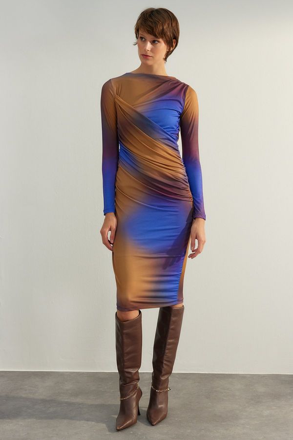 Trendyol Trendyol Limited Edition Multicolor Gathered Fitted Maxi Stretch Knitted Knitted Dress