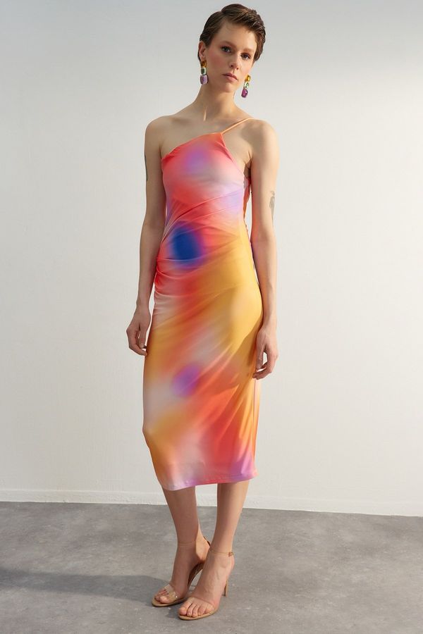 Trendyol Trendyol Limited Edition Multicolored Printed Fitted Midi One-Shoulder Flexible Knit Dress