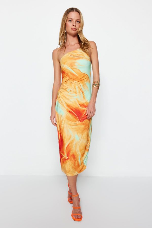 Trendyol Trendyol Limited Edition Orange Printed Fitted Midi One-Shoulder Flexible Knit Dress