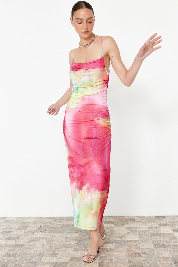 Trendyol Trendyol Limited Edition Pink Printed Fitted Midi Strap Stretchy Knitted Pencil Dress