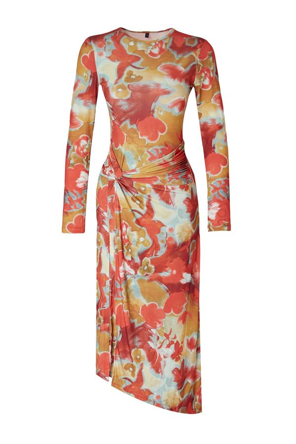 Trendyol Trendyol Limited Edition Printed, Fitted, Stretchy Midi Knitted Dress with Tie Detail