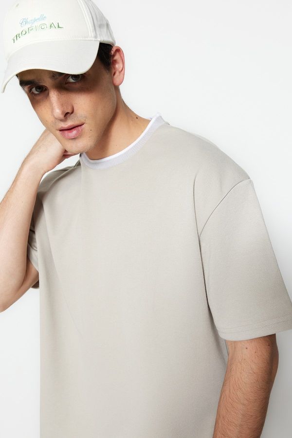 Trendyol Trendyol Limited Edition Stone Relaxed/Comfortable Cut Knitwear Banded Textured Pique T-Shirt