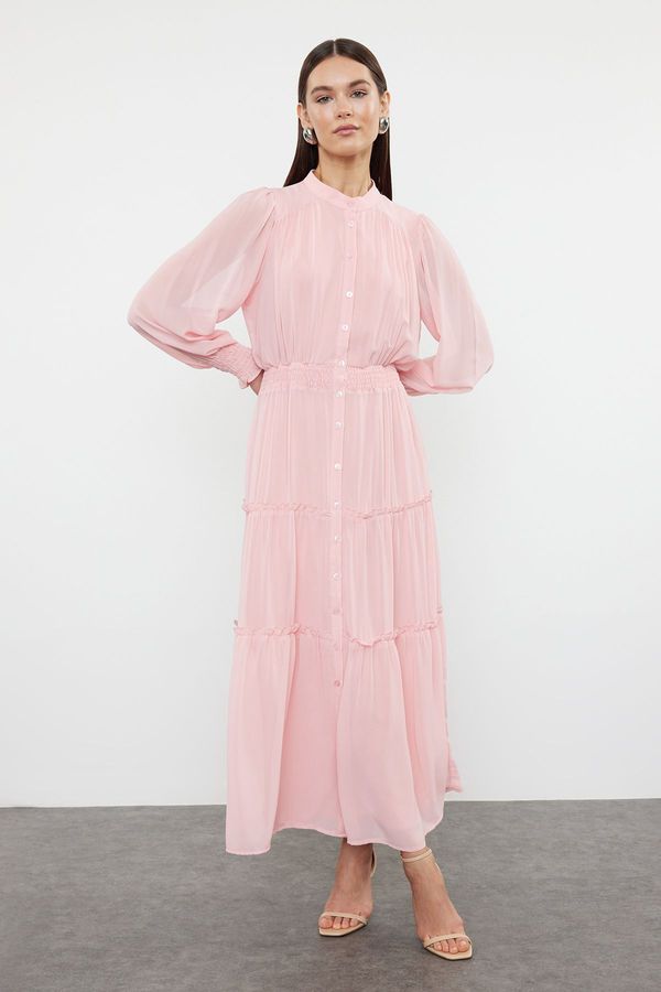 Trendyol Trendyol Lined Chiffon Woven Shirt Dress with Dusty Rose Sleeves and Waist Gipe Detail