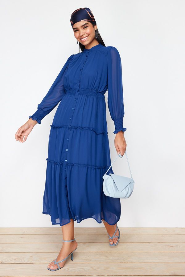 Trendyol Trendyol Lined Chiffon Woven Shirt Dress with Indigo Sleeves and Gipe Detail on the Waist