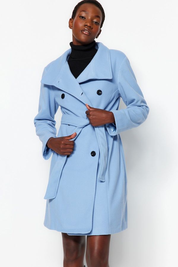 Trendyol Trendyol Long Blue Belted Stamped Coat