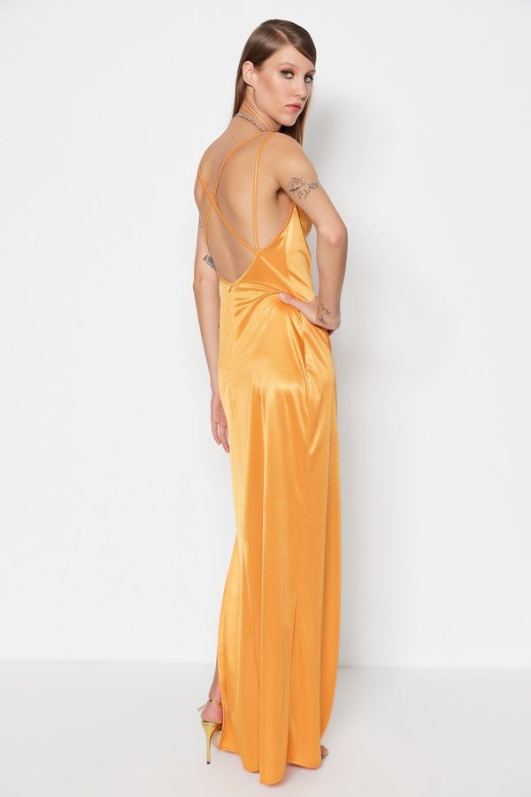 Trendyol Trendyol Long Evening Dress In Orange Knitted Satin