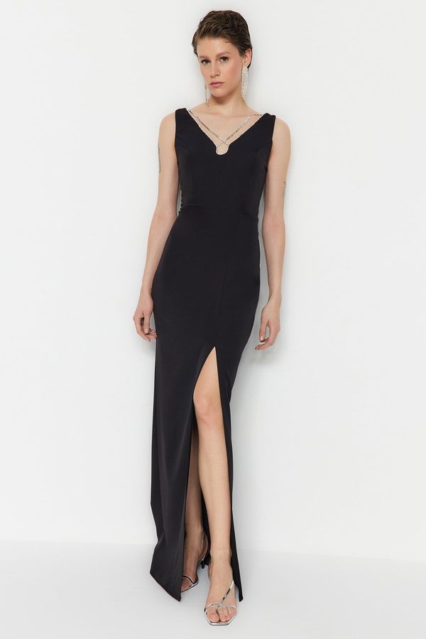 Trendyol Trendyol Long Evening Dress with Shiny Stones and Black Weave Lining