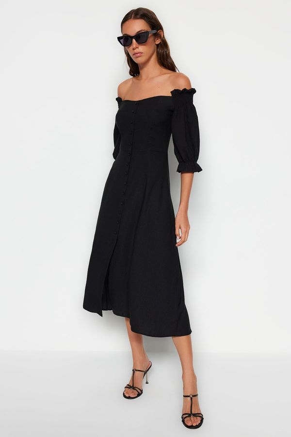 Trendyol Trendyol Madonna Collar Ruffle Detailed Midi Woven Shirt Dress with Black Skirt Opening at the Waist