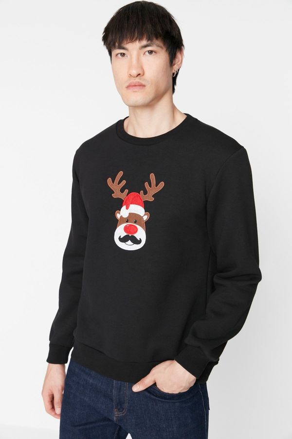 Trendyol Trendyol Men's Black Regular Fit Crew Neck Christmas Theme Embroidered Sweatshirt
