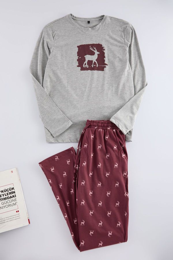 Trendyol Trendyol Men's Claret Red Deer Printed Regular Fit Knitted Pajama Set