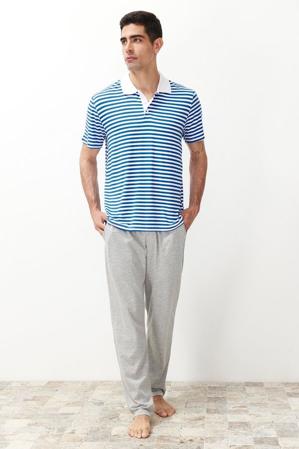 Trendyol Trendyol Men's Ecru Regular Fit Striped Polo Neck Knitted Pajama Set
