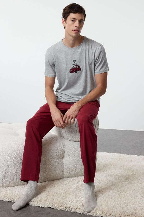 Trendyol Trendyol Men's Gray - Claret Red Regular Fit Embroidered Knitted 3-Piece Pajama Set