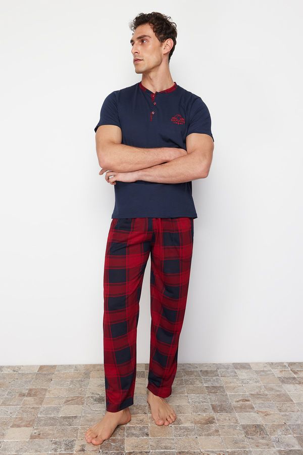 Trendyol Trendyol Men's Navy Blue Regular Fit Plaid Knitted Pajama Set