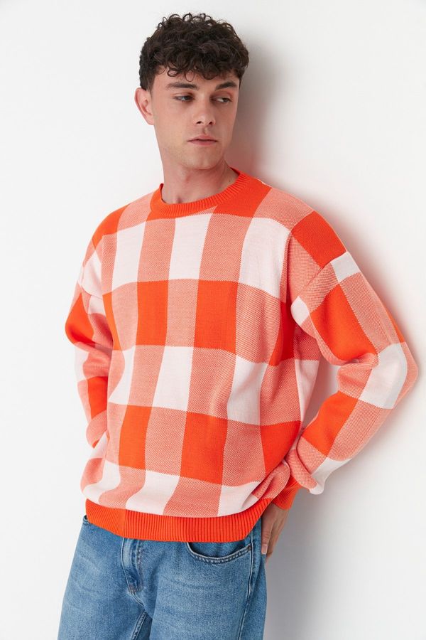 Trendyol Trendyol Men's Orange Oversize Fit Wide Fit Crew Neck Checkered Knitwear Sweater
