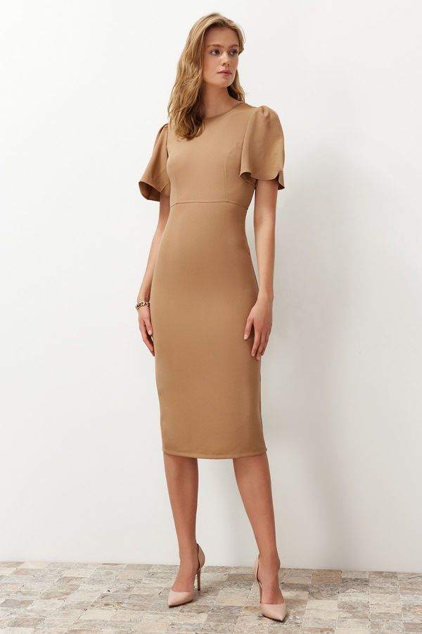 Trendyol Trendyol Mink A-Line Midi Pencil Skirt Woven Dress with Pleat Detail on the Sleeve