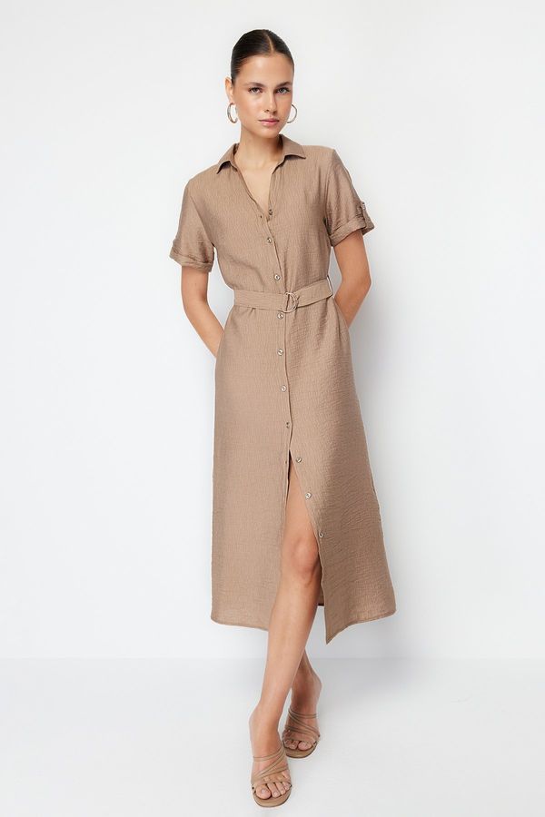 Trendyol Trendyol Mink Belted Midi Woven Shirt Dress